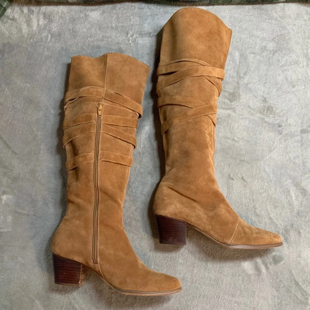 Women Tan Suede Tall Knee High Strappy Wrap Block Heel Boots Size 9